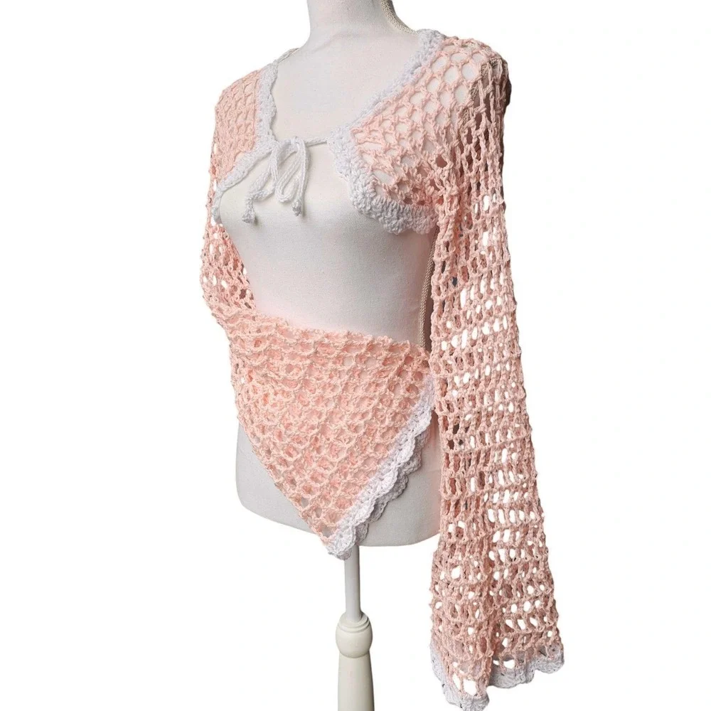 Handmade‎ Crochet Bell Sleeve Front Tie Summer Cardigan, Festival Bohemian Shrug